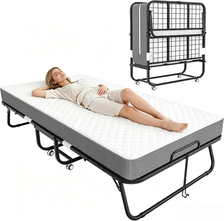 Folding Bed with 5 Inch Mattress, 75” X 31” Portable Rollaway Bed with Memory Mattress, Foldable Bed with Metal Frame for Adults,Guest,Space-Saving