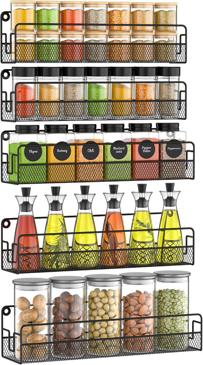 Wall Mounted Spice Rack Organizer, Pantry Door Organizer & Hanging Storage Baskets, Metal Spice Shelf for Kitchen Cabinet, 3 Depth Sizes Hold Large Jars to Nail Polish Bottles, 5 Pack1
