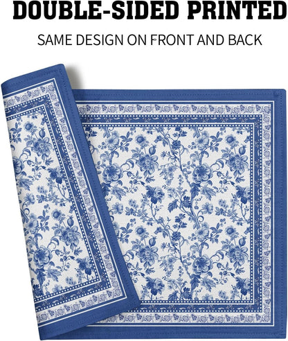 Blue Floral Branches Placemats Set of 4 ，12 X 18 Inch Chinoiserie Table Mats Washable Heat Resistant Linen Fabric Rectangle Place Mat for Indoor Outdoor Kitchen Dining Home Decor5