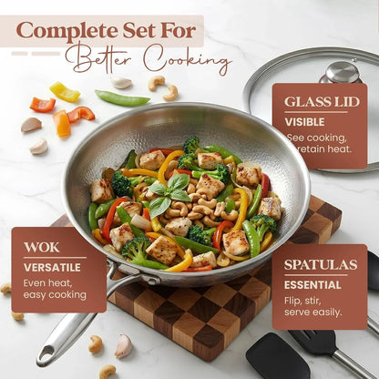 Titanium Frying Pan, Hammered Non-Stick Skillet with Glass Lid & 4 Spatulas, Pfas/Pfoa/Ptfe-Free, Tri-Ply Stainless Steel, Induction & Oven Safe, Dishwasher Safe Cookware3