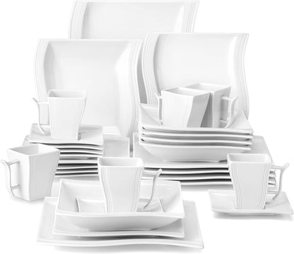 Ivory White Dinnerware Sets, 30-Piece Porcelain Plates and Bowls Sets, Modern Dish Set for 6, Square Plates Dinnerware Set Kitchen Dishware Sets, Microwave and Dishwasher Safe, Series Flora1