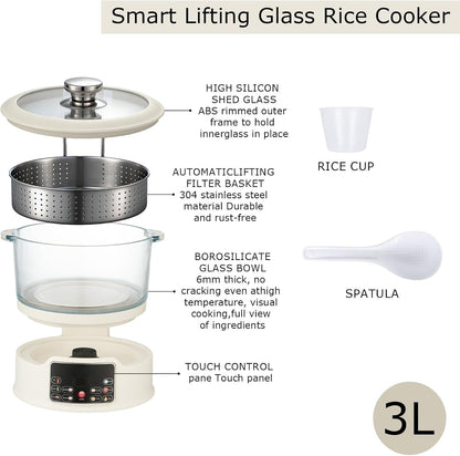 Low Sugar Rice Cooker - Multifunctional Low Carb Rice Cooke R with Auto-Lift Basket, Preset &Timer, Smart Glass Rice Cooker with Steaming, Boiling and Hotpot in One (White)7
