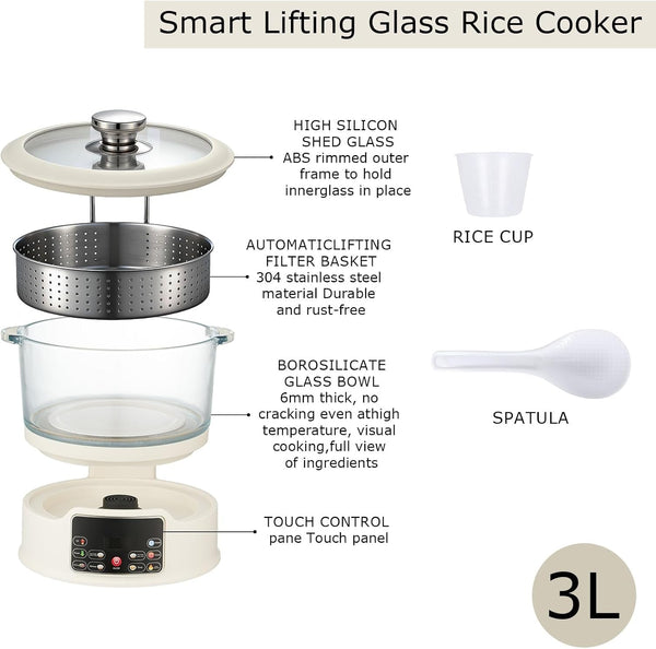 Low Sugar Rice Cooker - Multifunctional Low Carb Rice Cooke R with Auto-Lift Basket, Preset &Timer, Smart Glass Rice Cooker with Steaming, Boiling and Hotpot in One (White)7