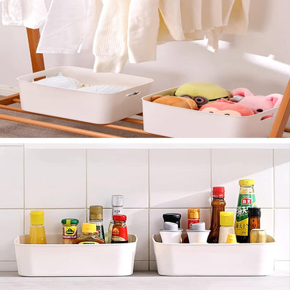 3 Pack White Storage Bin, 10" Long Bathroom Organizing Bins, Plastic Organizer Bins with Handles for Vanity, Pantry, Shelves4