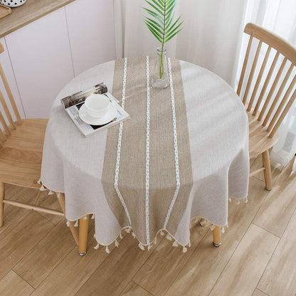 Farmhouse Tablecloth Heavy Weight Stitching Tassel Cotton Linen Dust-Proof Table Cloth for Kitchen Dinning Tabletop Decoration (Round, 60 Inch, Linen)2