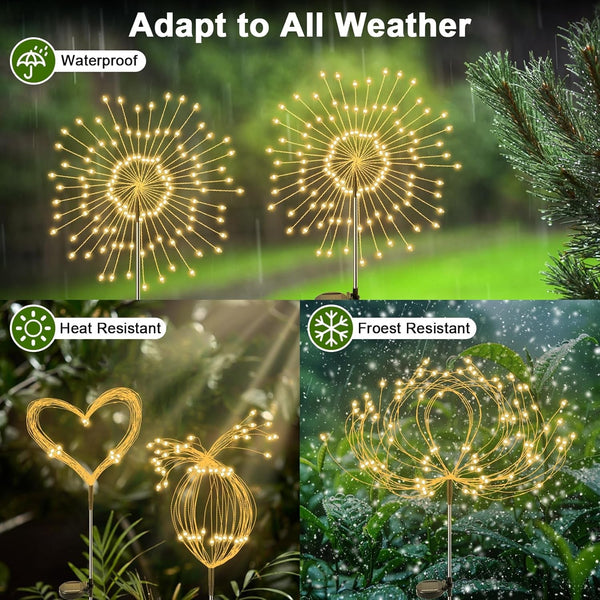Solar Garden Lights Outdoor, 2 Pack 120 LED Twinkling Firework Lights Decorative with 2 Modes, Outdoor Waterproof Solar Starburst Light for outside Yard Pathway Garden Decor, Warm White3