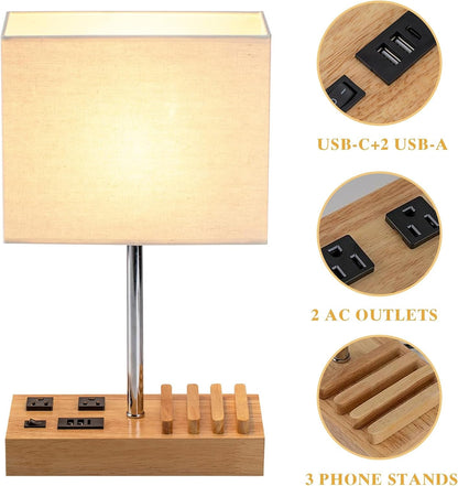 USB Table Lamp, Multi-Functional Desk Lamp with 2 AC Outlets, Bedside Lamp with 3 USB Charging Ports and Wooden Phone Stands, Nightstand Lamp for Bedroom, Livingroom, Office, Natural Wood3
