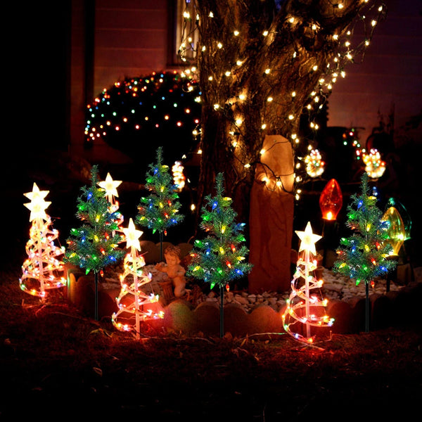 Upgraded 4-Pack Solar Christmas Garden Stake Lights, Decorative Xmas Tree Solar Christmas Yard Stake Outdoor Waterproof Pathway Lights for Garden Patio Yard Decorations5