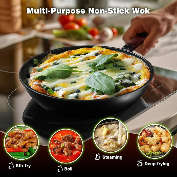 Carbon Steel Wok, 13" Woks & Stir-Fry Pans Nonstick with Lid | Pre-Seasoned Flat Bottom Chinese Wok, Wok Pan with Spatula and Dish Brush for Induction, Electric, Gas, All Stoves7