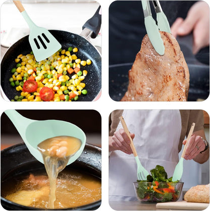 Kitchen Utensils Set, 5 Pcs Non-Stick Silicone Kitchen Cooking Utensils with Wooden Handle, Kitchen Spatula Cookware Utensils Set, Heat Resistant Silicone Kitchen Gadgets (Light Green)5