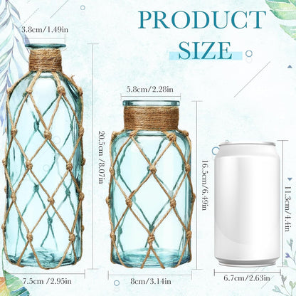 Set of 2 Coastal Glass Flower Vase with Boho Rope, Light Blue | Coastal Vase, Small Sea Glass Jar, Nautical Beach Bottle for Wedding Table Centerpieces Floral Arrangement Decor2