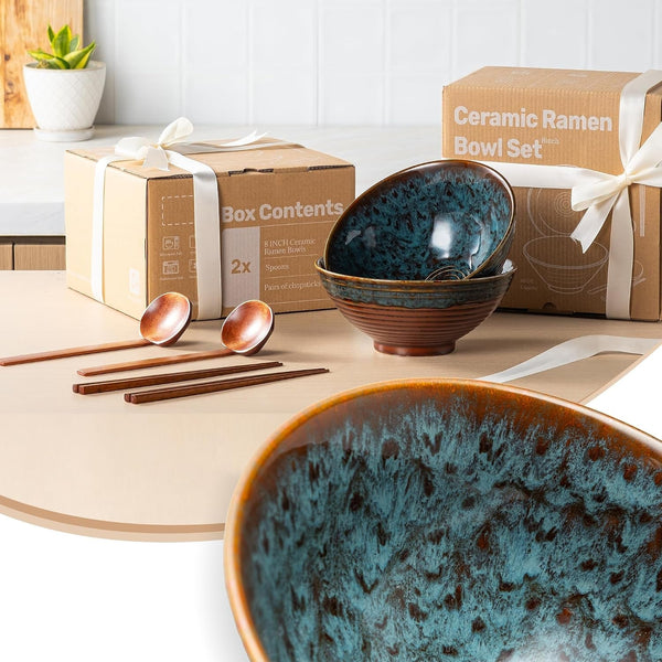 8 Inch Ceramic Ramen Bowl Set of 2, 40Oz Japanese Bowls with Spoons & Chopsticks,Durable,Microwave & Dishwasher Safe,Perfect for Ramen,Pho,Salad,Soup,Noodles，Mixing Bowls（Verdigris Green）3