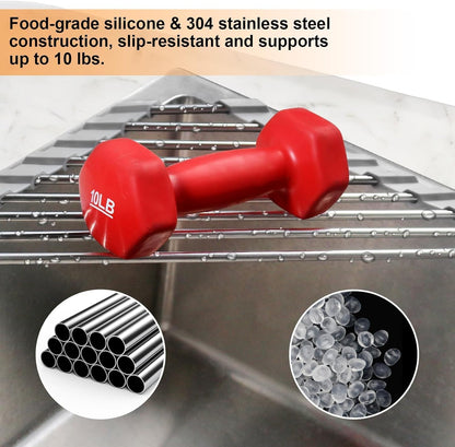 Corner Sink Caddy Triangle Dish Drying Rack for Sink Corner, Sponge Holder Roll up Dish Drying Rack over the Sink, Stainless Steel Kitchen Sink Organizer Drainer Mat Sponge Caddy for Counter Storage4