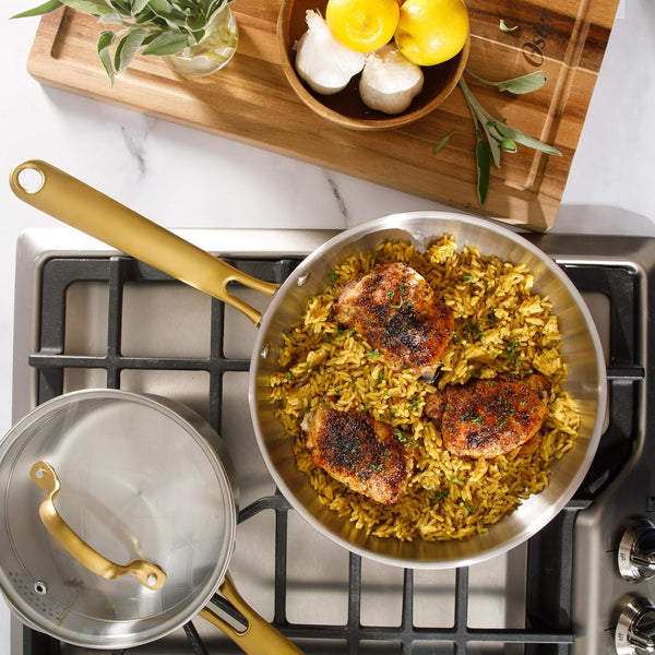 Oster Platinum Sunstreak Pots and Pans Set, 10-Piece Stainless Steel Cookware Set with Glass Strainer Lids and Gold Handles, Induction Cookware Set7