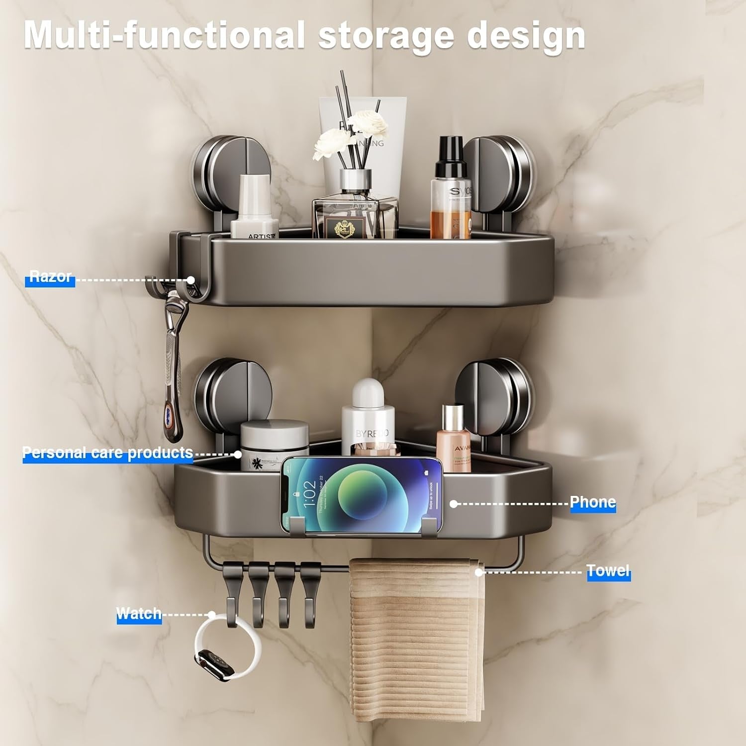 suction-cup-shower-caddy-corner-2-pack-suction-corner-shower-shelves-no-drilling-rustproof-shower-organizer-suction-cup-with-towel-holder-hooks-removable-bathroom-storage-rackgray