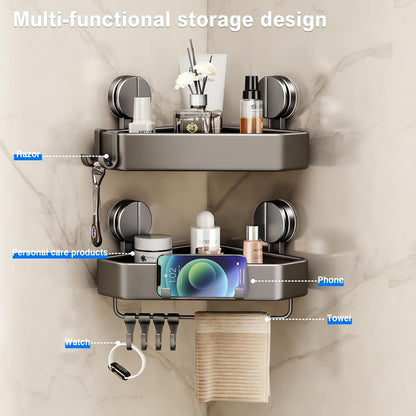 Suction Cup Shower Caddy Corner, 2 Pack Suction Corner Shower Shelves No Drilling, Rustproof Shower Organizer Suction Cup with Towel Holder & Hooks Removable Bathroom Storage Rack(Gray)5