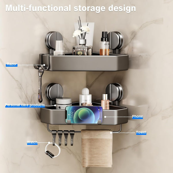 Suction Cup Shower Caddy Corner, 2 Pack Suction Corner Shower Shelves No Drilling, Rustproof Shower Organizer Suction Cup with Towel Holder & Hooks Removable Bathroom Storage Rack(Gray)5