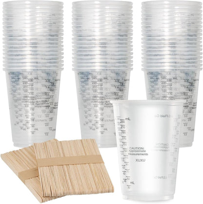 100Pcs 8Oz Graduated Clear Plastic Measuring Cups | 100Pcs Wooden Stirring Sticks for Mixing Paint Pigments Epoxy Resins Resins1