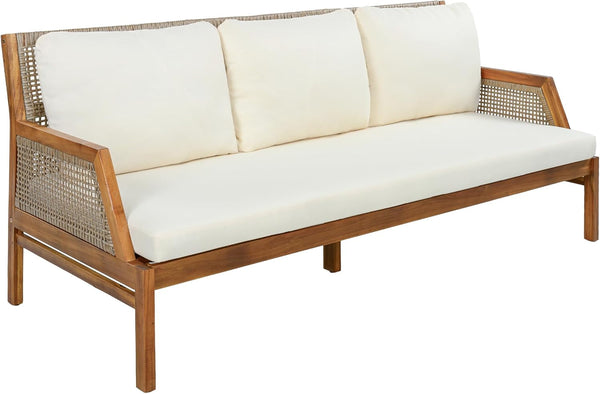 Zura 4 Piece Patio Furniture Set with Removable Cushion, Outdoor Acacia Wood Conversation Set with Ottoman, Outdoor Sectional Sofa Set with Coffee Table, Teak+Cream6
