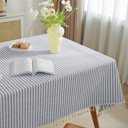 Table Cloth Blue White Striped Tablecloth Tassels Cotton Blend Dust-Proof Table Cover for Dining Coffee Buffet Kitchen Picnic Tables, Parties Indoor Outdoor Square Tablecloths (36X36 Inch)2