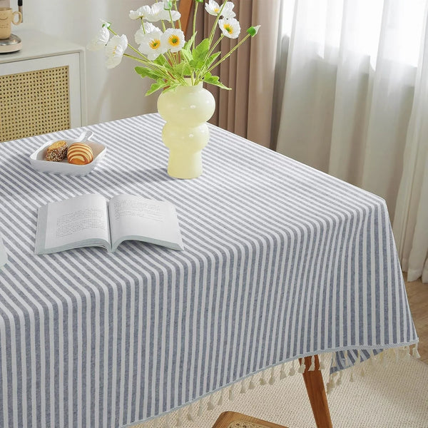 Table Cloth Blue White Striped Tablecloth Tassels Cotton Blend Dust-Proof Table Cover for Dining Coffee Buffet Kitchen Picnic Tables, Parties Indoor Outdoor Square Tablecloths (36X36 Inch)2