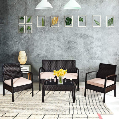 4 PCS Patio Rattan Conversation Furniture Set Cushioned Seat Glass Tabletop4