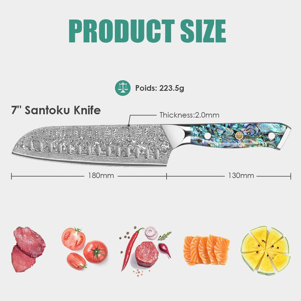 Damascus Santoku Knife 7 Inch, Razor Sharp Professional Chef Knife, Japanese Hand Forged 67 Layers Hammered Damascus Blade, Ergonomic Abalone Shell Handle Cooking Knife with Gift Box2