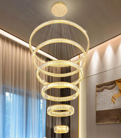 Large Ring Chandelier Modern Crystal Chandeliers for High Ceiling round LED Dimmable Ceiling Light Fixture for Foyer Long Stair Gold 8''+16''+24''+32''+40''+47''6