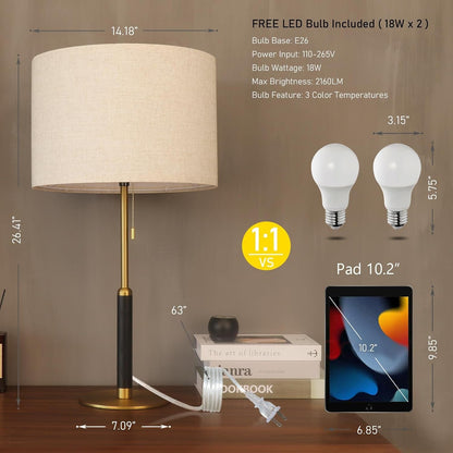 26.4" Set 2 Pull Chain Table Lamp Modern Mid Century Bedside Lamps for Living Room End Tables 3-Color Light for Bedroom, Solid Wood/Metal/Fabric Lamp for Home/Office/Desk (Light Brown+Brass)2