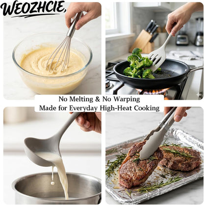 Silicone Kitchen Utensils Set,10 PCS Cooking Kitchen Utensils Set, Nonstick Kitchen Utensils 446°F Heat-Resistant Cookware Kitchen Tools of Spoon,Brush,Whisk,Spatula,Turner Tongs(Khaki)6