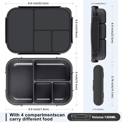 Lunch Box Kids,Bento Box Adult,Leakproof Lunch Containers for Adults/Kids/Toddler,1200Ml-4 Compartments Bento Lunch Box with Utensil,Microwave & Dishwasher & Freezer Safe (Dark Gray)2