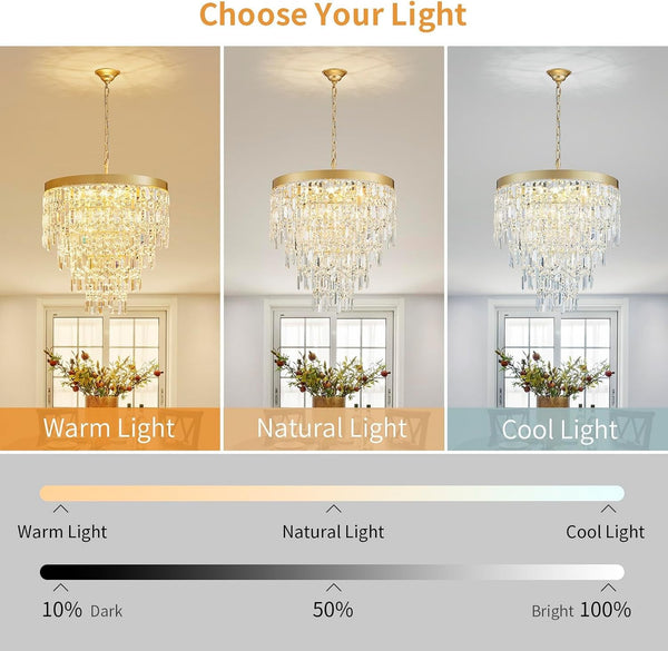 Modern Crystal Chandelier, 22.8” Gold round Chandeliers for Dining Room Light Fixture, 4 Tiers 9 Lights Luxury Crystal Pendant Chandelier for Entryway Foyer Living Room Bedroom Kitchen Staircase4
