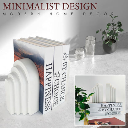 Book Ends for Heavy Books, Resin Decorative Bookends, Heavy Duty Book End for Shelves, Book Stopper for Shelves, Modern Home Decor Aesthetic Book Ends, Layered Arch Design Set of 2(Cream White)5