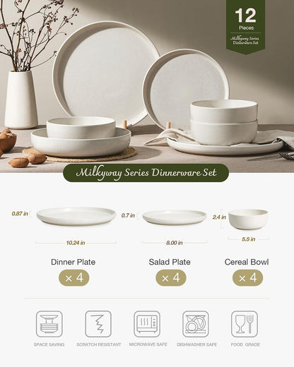 Milkyway 12-Piece Stoneware Dinnerware Set, Matte Beige White2