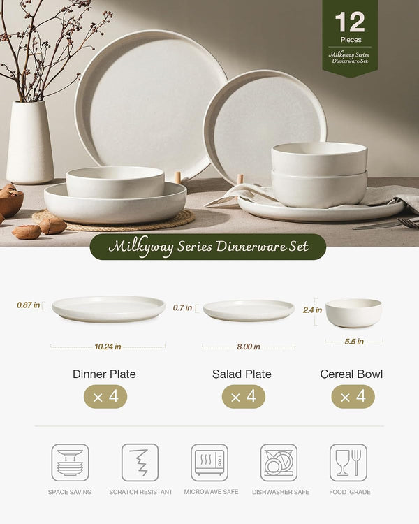 Milkyway 12-Piece Stoneware Dinnerware Set, Matte Beige White2