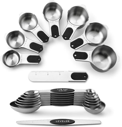 Magnetic Measuring Cups & Spoons Set of 15 with Levelers, Black | Patented Stackable Stainless Steel Measuring Cups & Heavy Duty Metal Measuring Spoons for Dry & Liquid Ingredients1