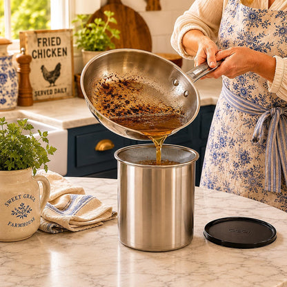 Oggi Stainless Steel Jumbo Grease Container with Removable Strainer and Snug Lid. Perfect Container for Fryer Oil, Bacon Drippings, Lard and Ghee Oil. Large Capacity Can - 1 Gall / 4 Qt / 3.75 Lt4