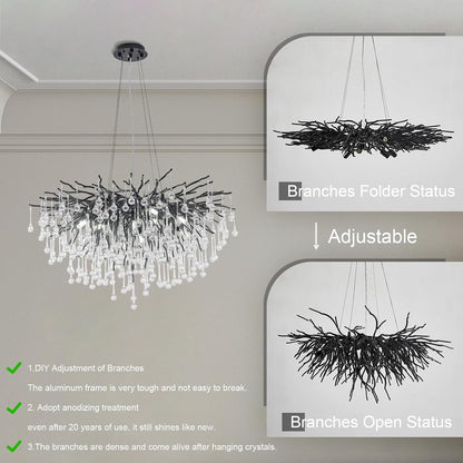 Chandeliers for Dining Room - 23.6" Modern Black Crystal Chandelier, round Tree Branch Raindrop Chandelier, Foyer Chandeliers for Entryway, Living Room,Bedrooms,Bathroom(Bulb Not Included)2