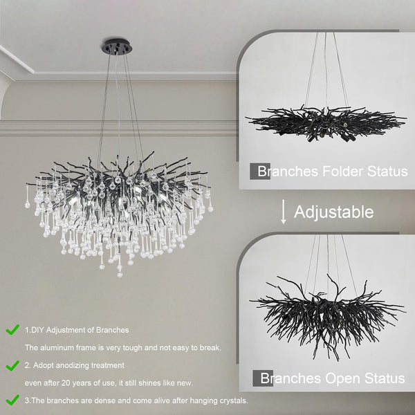 Chandeliers for Dining Room - 23.6" Modern Black Crystal Chandelier, round Tree Branch Raindrop Chandelier, Foyer Chandeliers for Entryway, Living Room,Bedrooms,Bathroom(Bulb Not Included)2