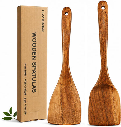 Wooden Spatulas, 2 Pcs Natural Acacia Wooden Cooking Utensils Set for Non-Stick Pan Kitchen Tool, Flipping and Wok Spatula, Wooden Spoons & Spurtle for Cooking1