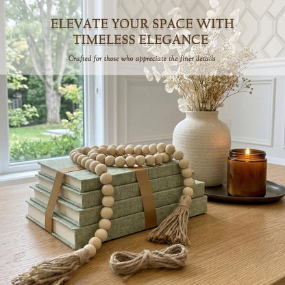 Decorative Books for Home Decor-Set of 4 Real Linen Decorative Books, Stacked Books with Wood Bead Garland, Jute Twine & Satin Ribbon, Neutral Modern Farmhouse & Boho Shelf Decor (Sage)6