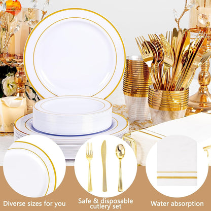 350PCS White and Gold Plastic Plates Dinnerware Set for Wedding5