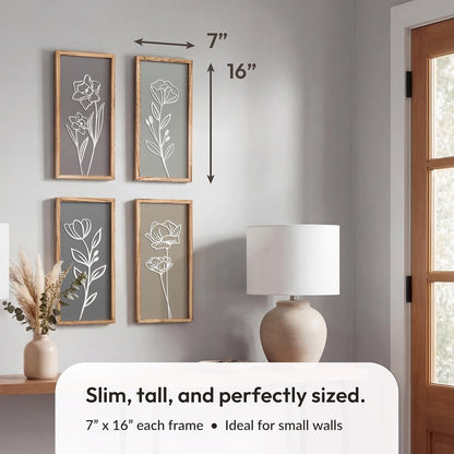 3D Framed Wall Art, Set of 4, Floral Boho Wall Decor | 7" X 16", Lightweight, Wooden, Ready-To-Hang Wall Decor for Living Room, Bathroom, Bedroom or Office, Botanical Farmhouse3