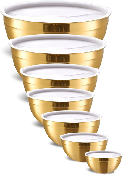 Gold Mixing Bowls with Airtight Lids, Stainless Steel Nesting Mixing Bowls Set of 7, Ideal for Baking, Prepping and Serving Food, Size 7, 3.6, 2.7, 2.1, 1.5, 1.1,0.8 QT, Stackable Design8