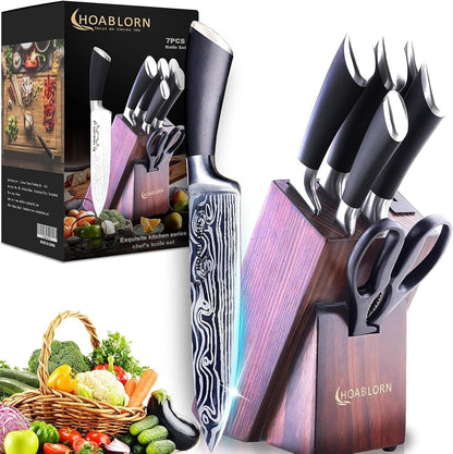 Knife Set, 7-Piece Kitchen Knives Set with Block Professional Stainless Steel Knives Set for Kitchen Damascus Knives Set with Built-In Knife Sharpener for Chef'S Family1