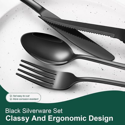 24-Piece Black Silverware Set with Steak Knives Black Stainless Steel Flatware Set for 4 Food Grade Tableware Cutlery Set Rust-Proof, Mirror Polished, Dishwasher Safe3