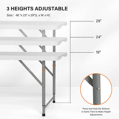 4 FT Plastic Folding Camping Table,3-Level Adjustable Height, Portable In/Outdoor Party Picnic Dining Desk, Garden Soccer Multipurpose Entertaining Activities，White4