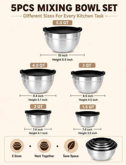 Stainless Steel Mixing Bowl Set with Lids, 5PCS Kitchen Food Prep Bowls3