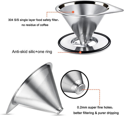 Pour over Coffee Dripper Stainless Steel Coffee Filter Metal Cone Filter Paperless Reusable Coffee Filter Single Cup Coffee Maker 1-2 Cup with Non-Slip Cup Stand and Cleaning Brush2