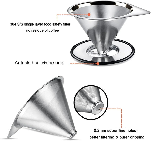 Pour over Coffee Dripper Stainless Steel Coffee Filter Metal Cone Filter Paperless Reusable Coffee Filter Single Cup Coffee Maker 1-2 Cup with Non-Slip Cup Stand and Cleaning Brush2